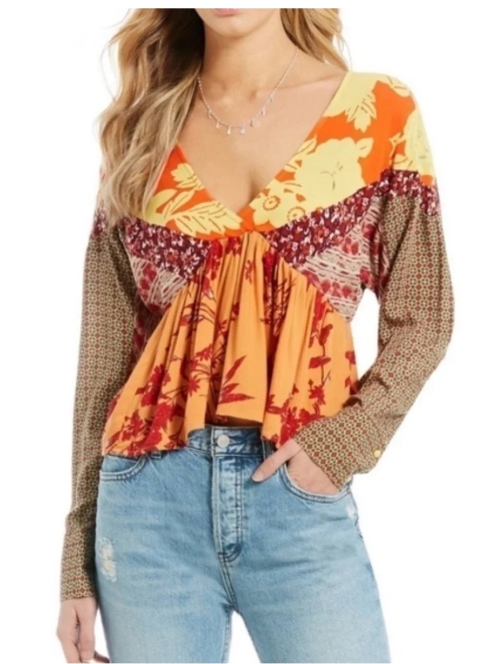 Free People Aloha State of Mind Orange & Brown Mixed-Print V-Neck Peplum Blouse